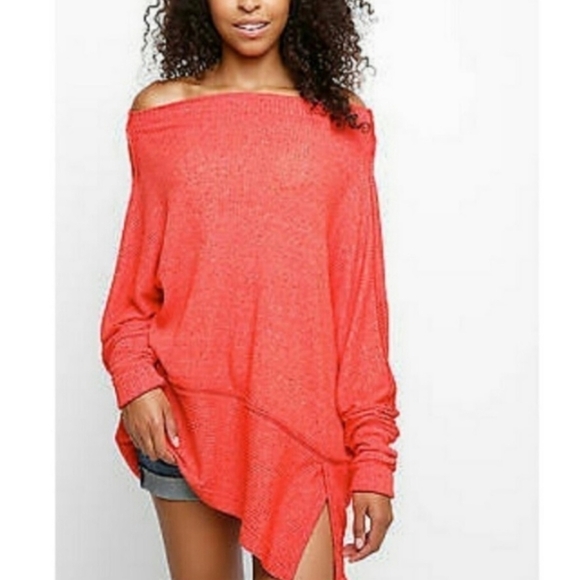 Free People Londowntown Thermal Off-Shoulder Oversized Boho Coral Sweater Sz S - Picture 1 of 8